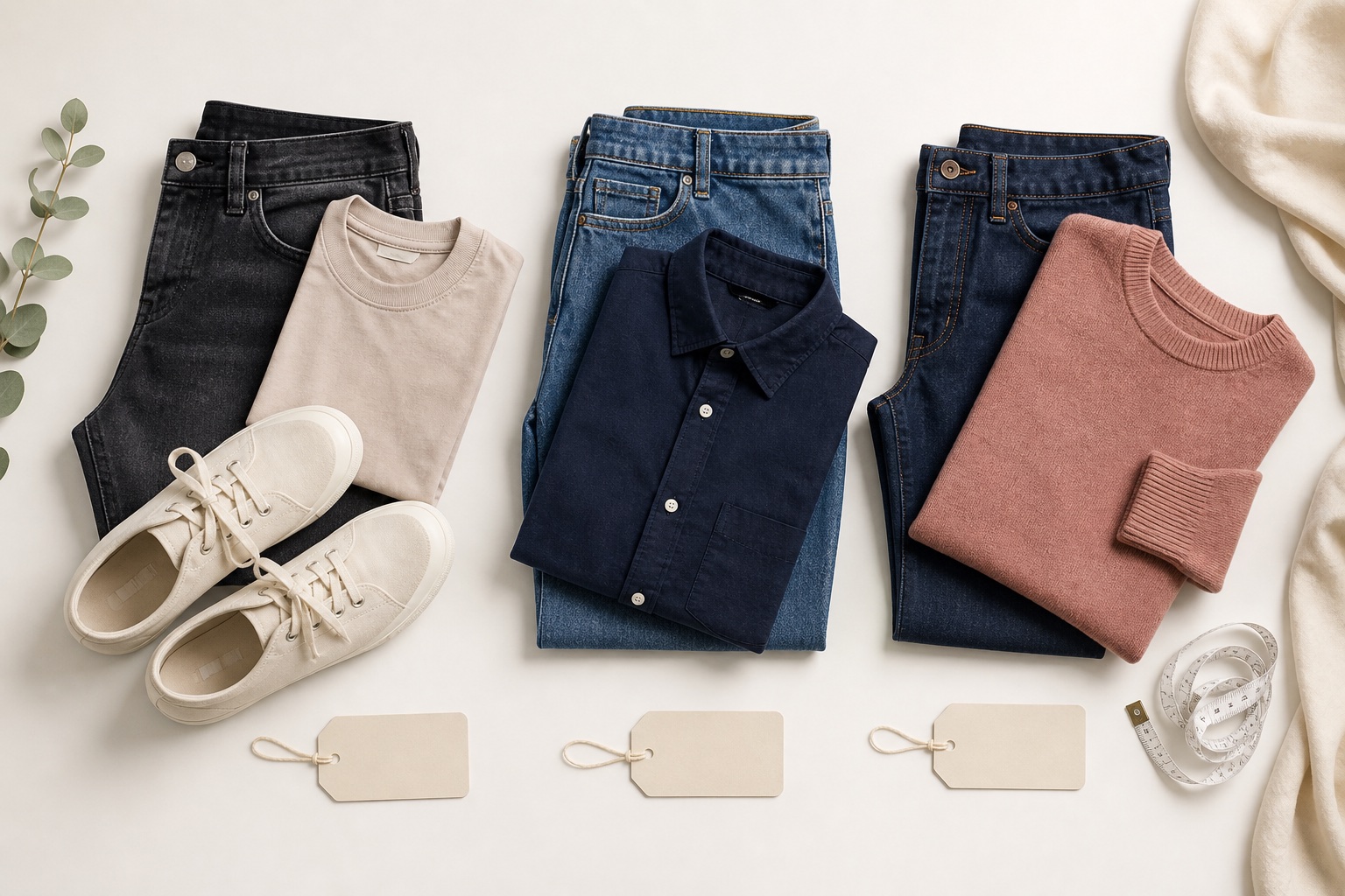 Vêtements, chaussures et mètre ruban pour comparer les tailles US, EU et FR