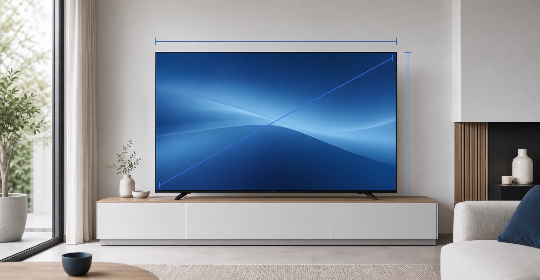 TV 55 pouces dimensions avec largeur, hauteur et diagonale représentées dans un salon